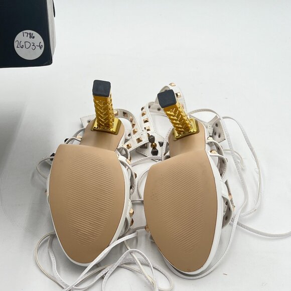 FSJ Ivory Gold Metal Chain Thick High Heel Open Toe Strappy Ankle Buckle Sandals - Picture 7 of 8